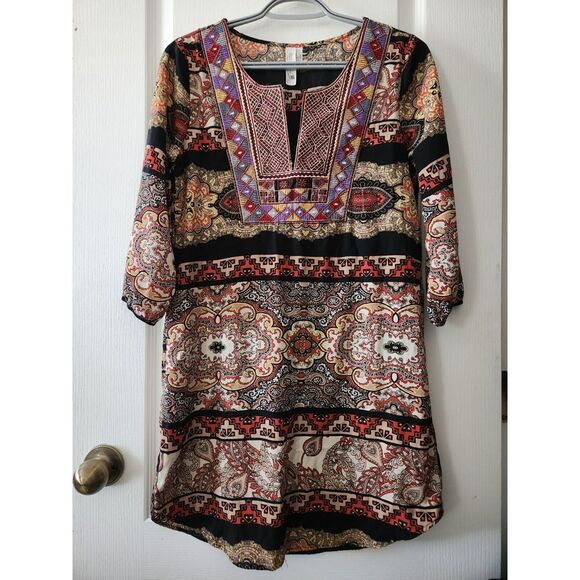 Pink Owl Apparel Embroidered Boho Shift Dress 3/4 Sleeves Back Multicolor Size S - Picture 2 of 11